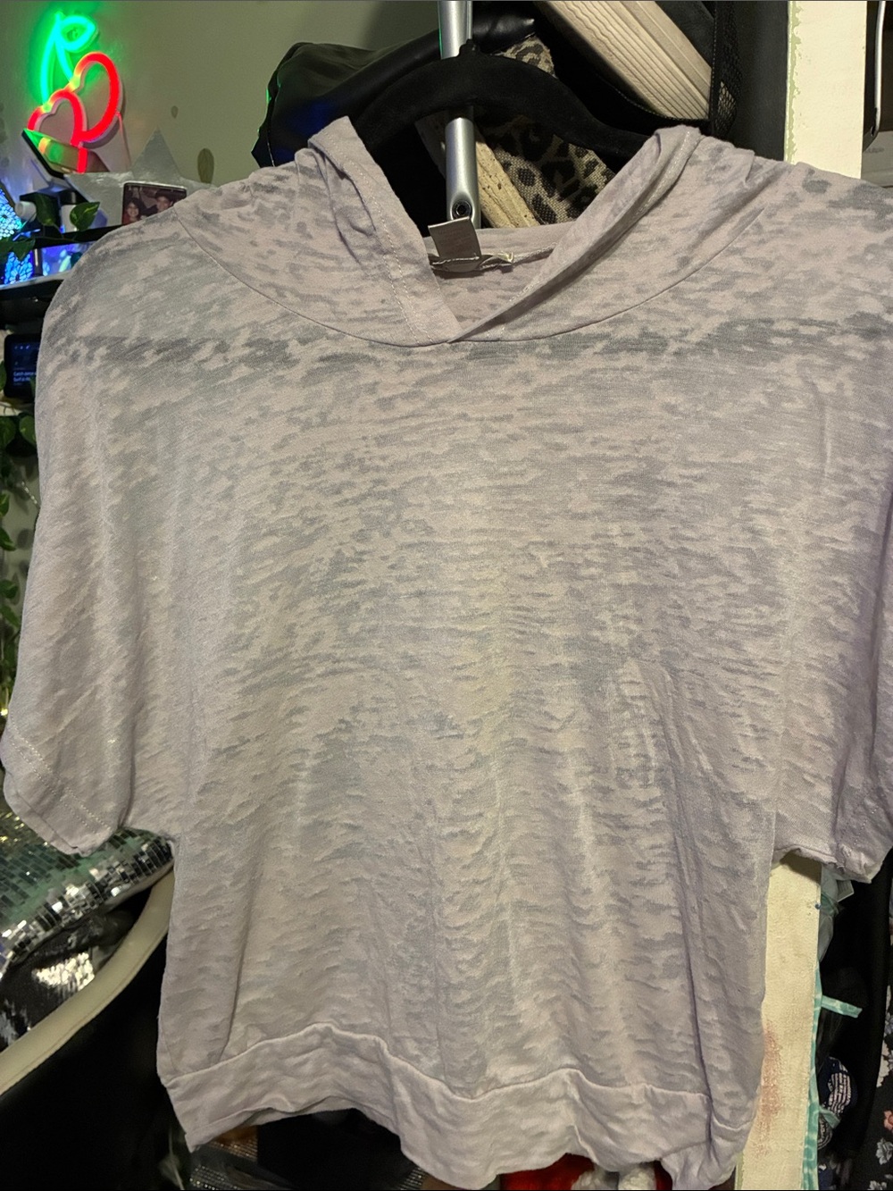 #385|medium-Rosio 60% cotton/40% Lavender Short Sleeve Hoodie Top - Women